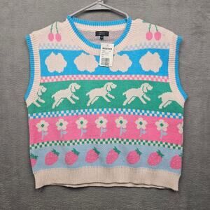 Debut Cherry‎ Strawberry Puppy Knit Sweater Vest Colorful Cottagecore Preppy S
